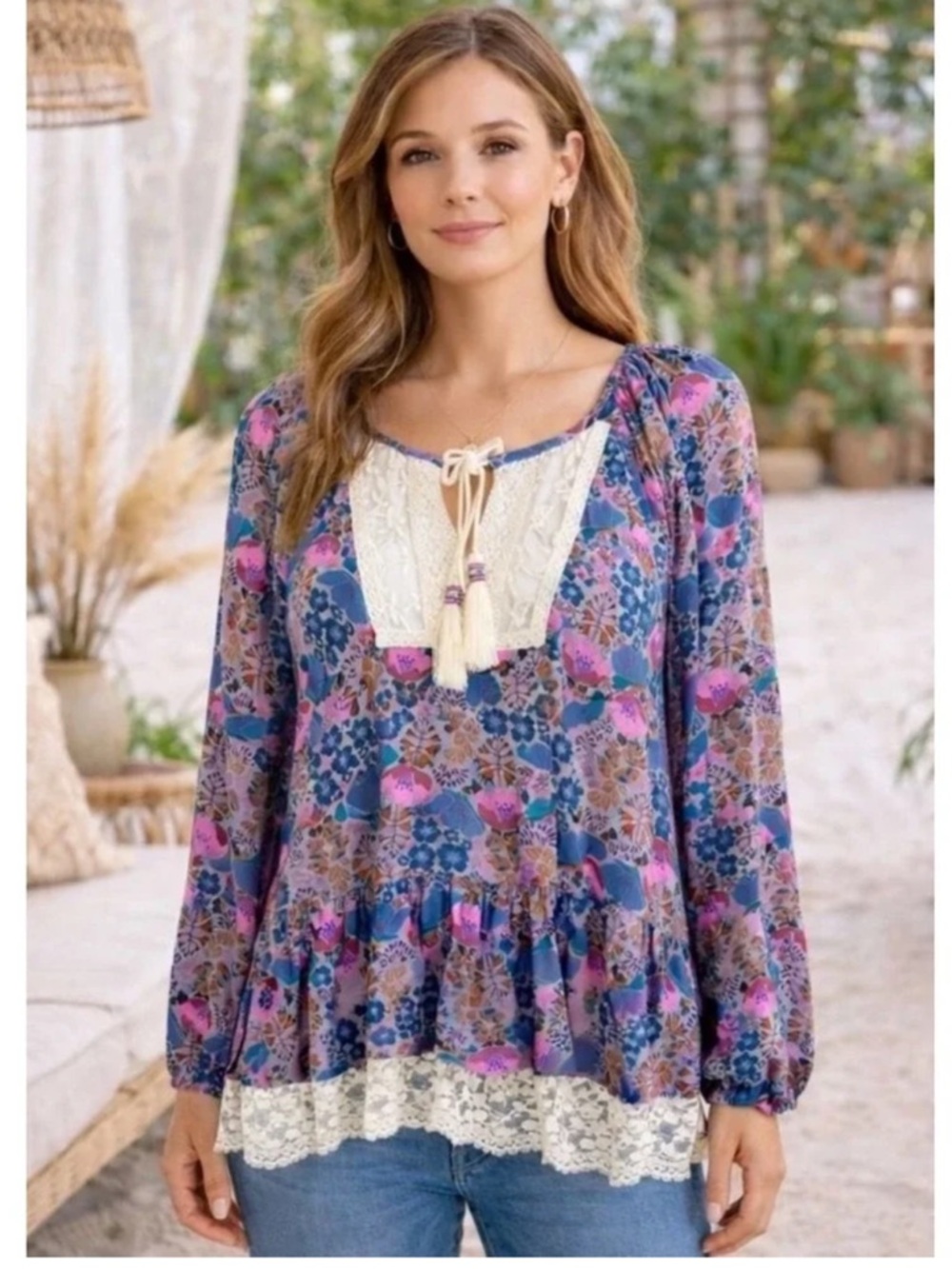 Matilda Jane Sew Perfect Top Make Believe Collection Boho Floral Lace Peasant  L